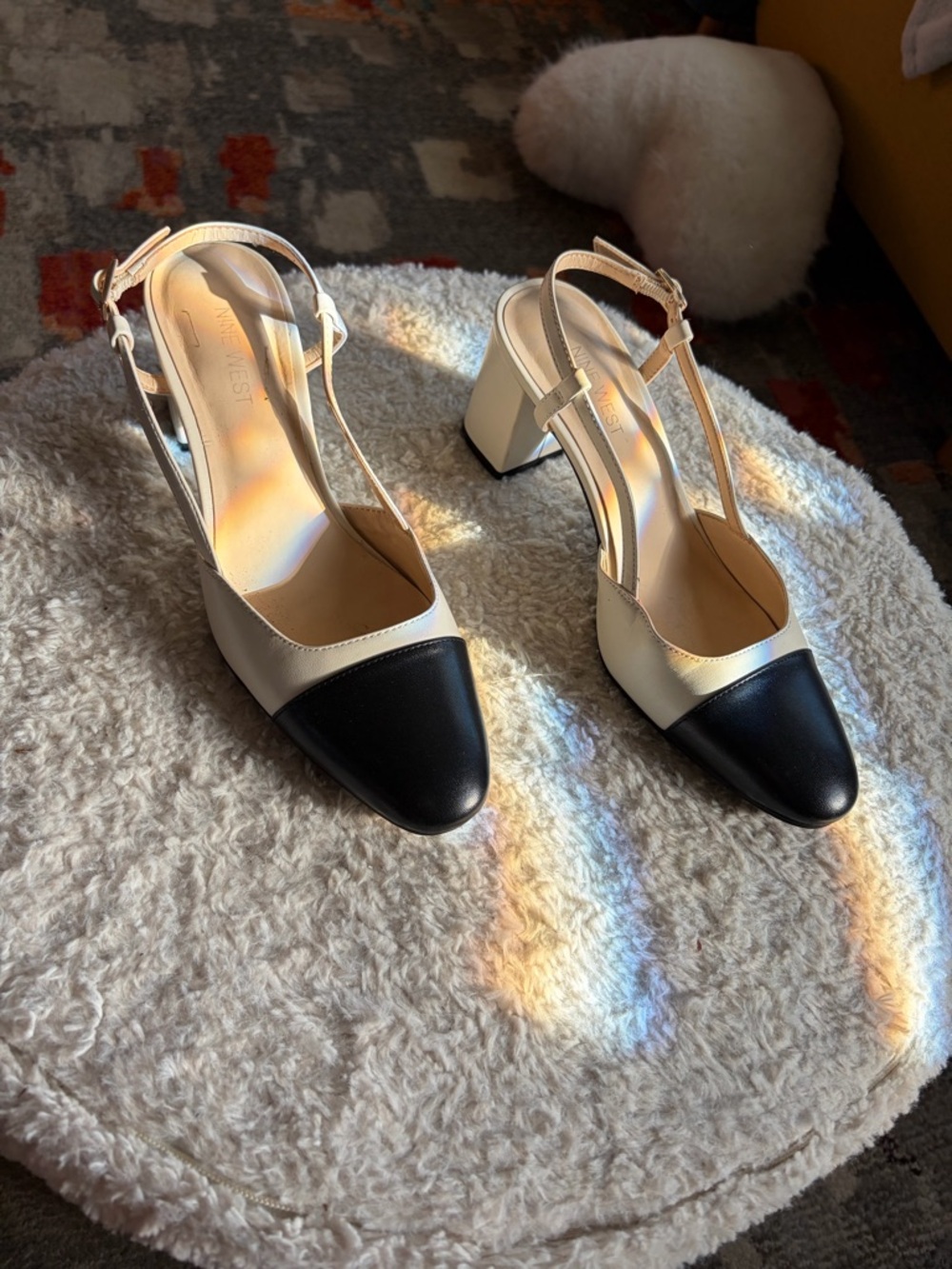 Nine West Two-Tone Slingback Block Heels - Black & Cream.